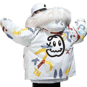 Nieuwe Graffiti Wit Duck Down Jacket Liefhebbers Tide Merk Winter Verdikking Nationaal Tij Warm Mode Cartoon Avatar Jas G1115