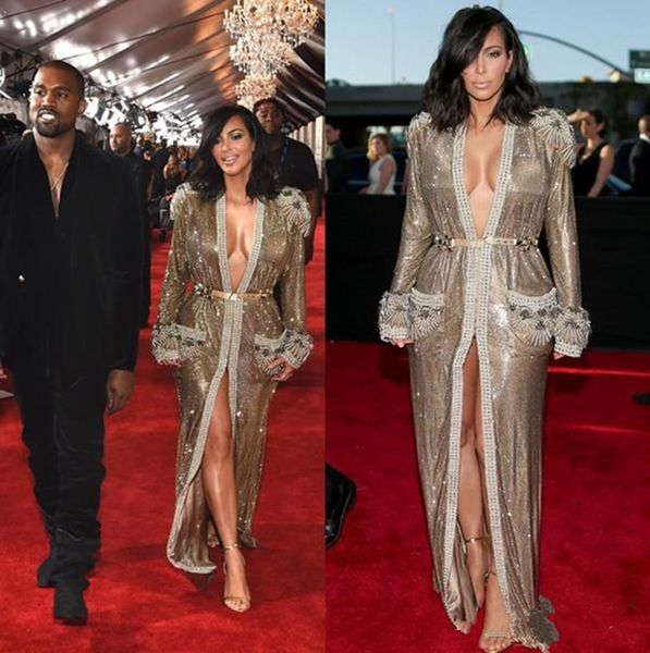 Nouveau Grammy Kim Kardashian Sequins d'or brillant Célébrité Tapis rouge Perles à manches longues Robes de soirée à fente avant