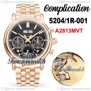 Nieuwe Grand Complication 5204/1R-001 A2813 Automatische heren Watch Moon Fase 5204 Zwarte dial stick Marker Rose Gold Case stalen armband horloges TWPP TimeZoneWatch