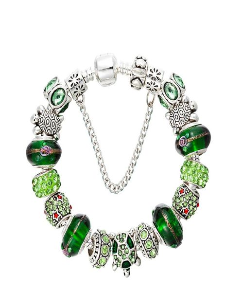 Nouveau bracelet de perles de cristal vert plaqué argent série océan CZ diamant coffret original adapté au bracelet de perles bricolage 2105018