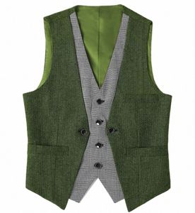 Nieuwe Groene Mannen Fi Pak Vest Herringbe Vest Ingelegd Kraag Vest Beste Man Vest Voor Bruiloft B7TA #