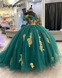 Nieuwe groene prinses Quinceanera -jurken met boog gouden kanten applique kralen baljurk uit schouder 16e verjaardag prom vestido