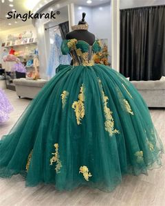 Nouvelles robes de quinceanera princesse verte avec une robe de balle en dentelle dorée en dentelle dorée sur l'épaule 16e anniversaire vestido