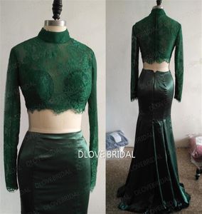 Nieuwe groen satijn 2 -delige prom -jurken met lange mouwen Mermaid Style Hoge kwaliteit Sheer Lace Special Affection Party avondjurk Robe D5918491
