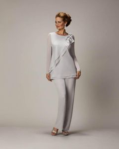 New Groom Mother of the Bride Dress Suit Wedding Guest Formal Evening Gown With Long Sleeve Crew Mother's Suit Gray Chiffon Zipper