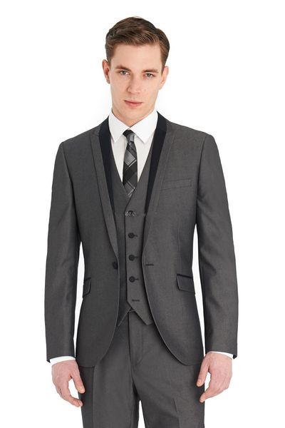 New Groom Tuxedos Padrinos de boda Un botón Grey Peak Lapel Best Man Suit Wedding Men's Blazer Trajes por encargo (Chaqueta + Pantalones + Chaleco + Corbata) 1338