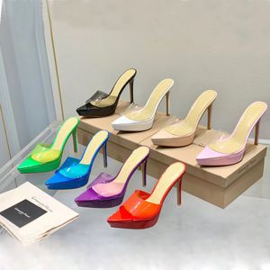 Nieuwe Grossi Rossi platform pantoffels sandalen met hoge hakken stiletto muilezels PVC hoge hakken 105 mm slip-on open teen dames Luxe ontwerpers schoenen Avond fabrieksschoeisel