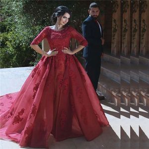 Nouveau Demi manches robe de soirée bordeaux dentelle Appliques Dubai arabe robes de soirée longue robe de soirée abiye elbise