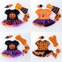 Nieuwe Halloween Baby Girls 'vierdelige set Cartoon Pompoen Pompoen Korte Mouw Jurk Baby Dress Set