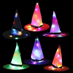 NOUVEAUX chapeaux d'Halloween Accessoires de décoration d'Halloween Guirlandes lumineuses LED chapeau de sorcière rougeoyant mise en scène fournitures de fête magicien sorcière chapeau assistant casquette