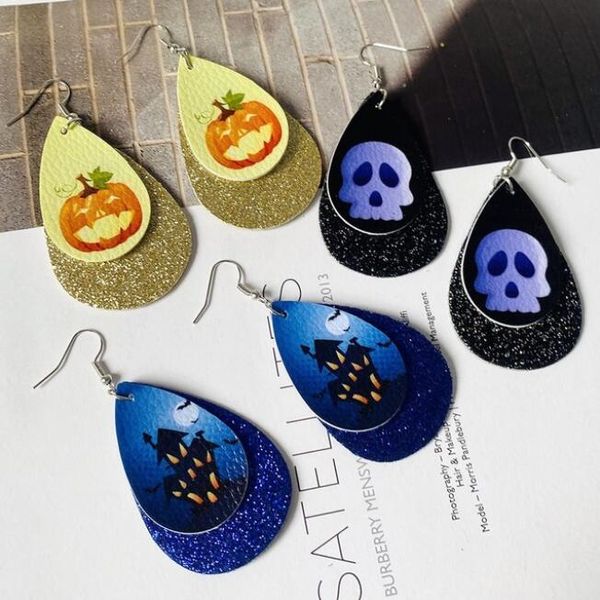 Nuevo Halloween Cráneo Pendientes de cuero para las mujeres Calabaza Imprimir Drop Dright Pendiente al por mayor Joyería DHL Fast Ship