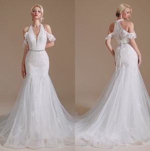 Nouveau Halter Dentelle Sirène Robes De Mariée Tulle Applique Perlée D'été Plage Boho Balayage Train Robes De Mariée Vestidos De Novia Robe De Mariée CPS1993