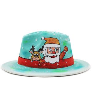 Nouveau motif de Noël peint à la main Jazz Fedora chapeaux femmes hommes large bord britannique fête feutre chapeau Western Cowboy laine robe casquettes