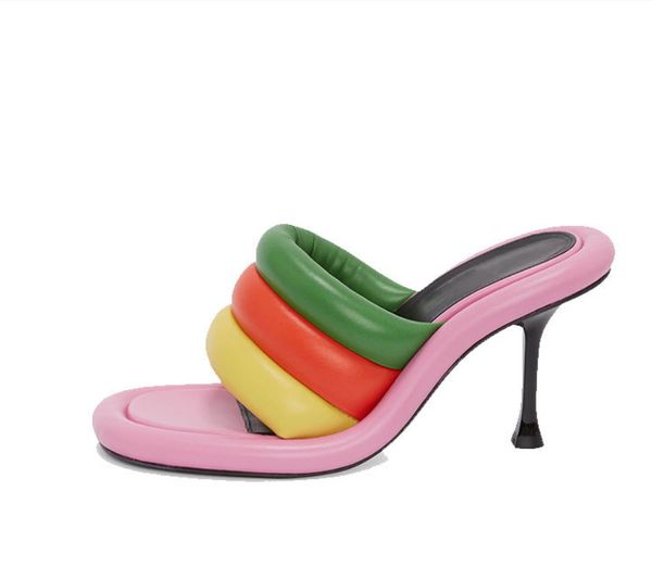 Nuevas sandalias hechas a mano con relleno de color arcoíris y contraste de cara suave, sandalias con boca de pez grande para caminar, sandalias con punta abierta para mujer, talla 35-43