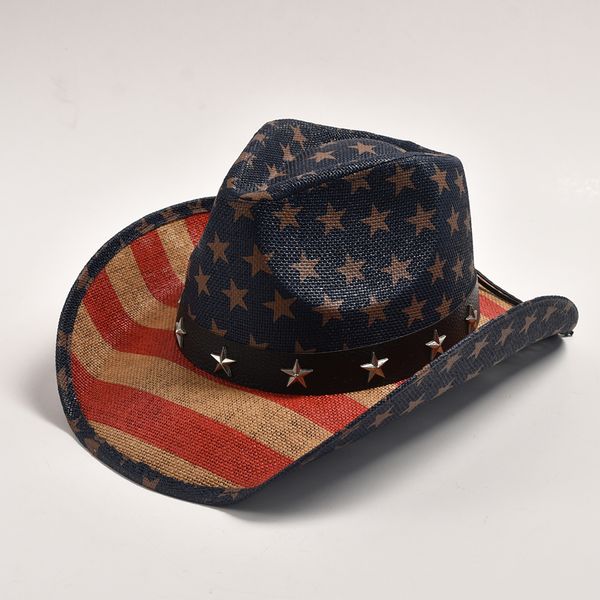 Sombrero de vaquero occidental de paja hecho a mano nuevo, sombreros de Jazz de vaquera con bandera americana a la moda, Sombrero para el sol de playa de verano, sombreros para Hombre