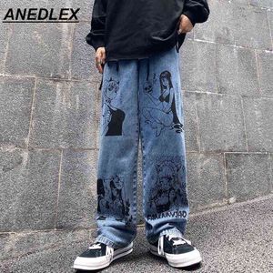 Nuevos pantalones de pierna ancha de estilo Harajuku, pantalones vaqueros Retro de calle con dibujos de dibujos animados, pantalones vaqueros con estampado de chica de Anime, pantalones vaqueros informales de Hip Hop G0104 2021