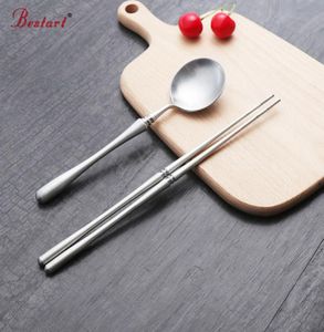 Nieuwe Hashi Zilver 1810 Roestvrij Staal Koreaanse Eetstokje En Lepel Set Servies Matte Dessertlepel Lange Handvat Chop Sticks Set8441566