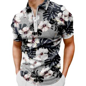 Nieuwe Hawaiiaanse stijlbloemelementen rondom korte mouwen poloshirt ritssluiting t-shirt voor mannen
