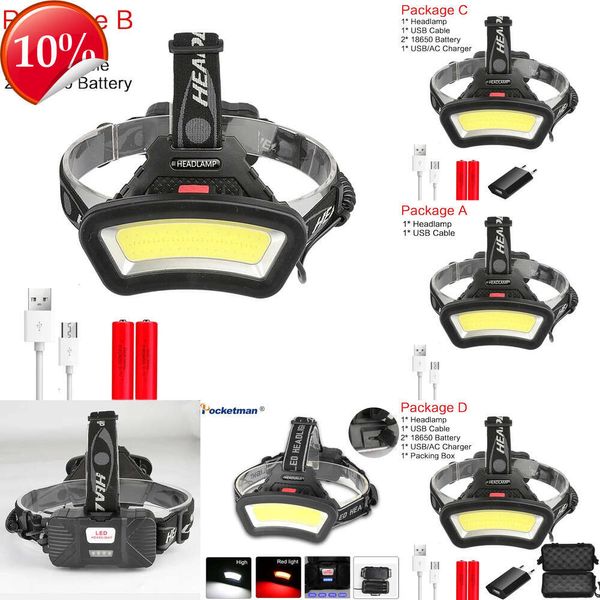 Nuevos faros COB LED faro 18650 faro recargable lámpara de cabeza impermeable luz de cabeza de alto lumen para acampar senderismo pesca caza