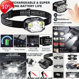 Novos faróis led recarregável farol ir sensor de movimento farol 12 modos de trabalho à prova dwaterproof água led cabeça lâmpada para acampamento pesca jogging