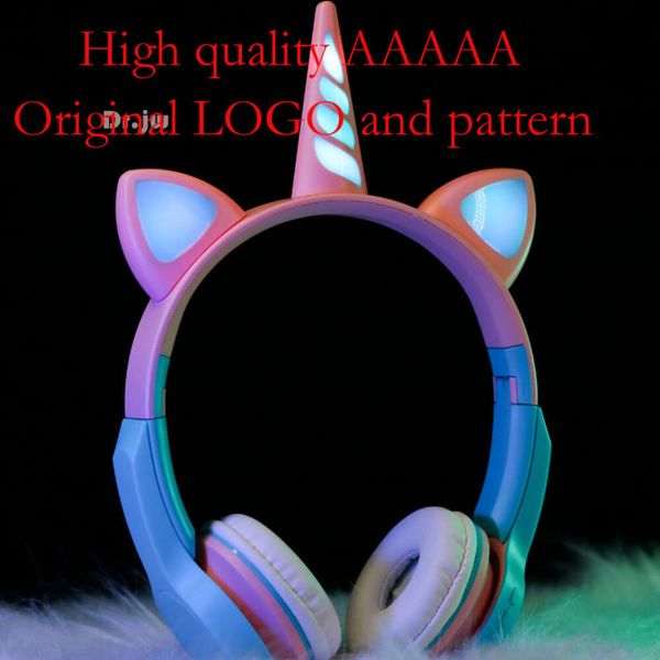 Nuevos auriculares Bluetooth para la cabeza, populares y lindos, orejas de gato brillantes (pan en forma de oreja de gato al vapor) + auriculares inalámbricos enchufables de unicornio