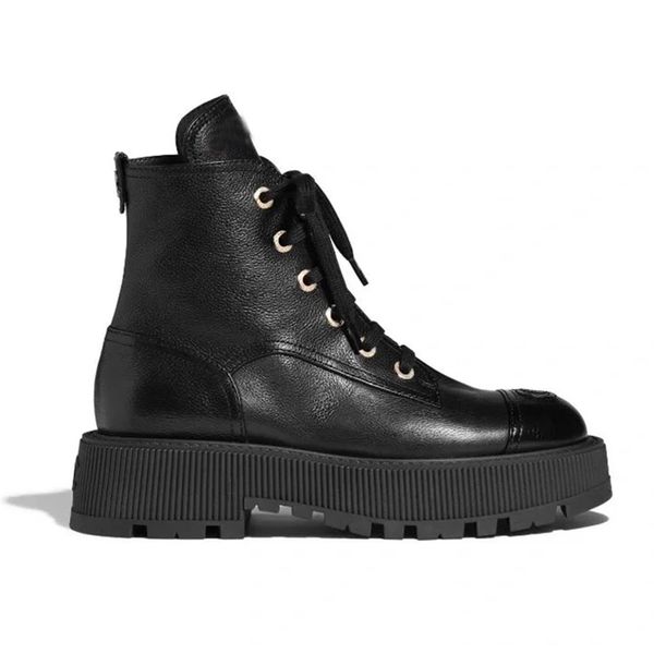 Nuevas botas de plataforma de servicio pesado Botas de cuero Combate Combat Boot Plataforma de tacón bajo Martin Booties Tobillo de lujo Marcas de calzado Factory size35-41