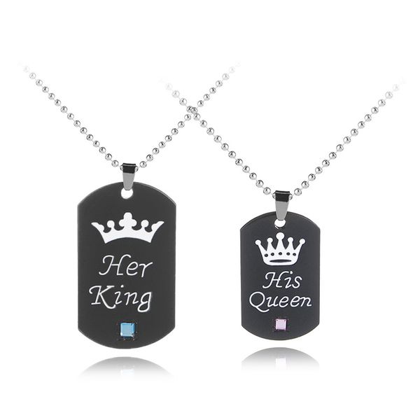 Nouveau son roi sa reine pendentifs collier étiquette de chien couronne lettrage porte-clés chaînes perlées pour femmes hommes Couple amoureux bijoux cadeau
