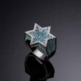 Nueva estrella hexagonal color plata azul helado circón cúbico con piedras laterales anillos micro pavimentado diamante joyería de hip hop para regalos 250i