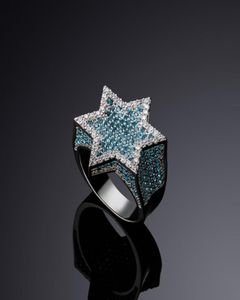 Nouveau Hexagon Star Silver Color bleu glacée zircon cubique avec des pierres latérales anneaux micro-pavés bijoux hip hop diamant pour cadeaux7927050