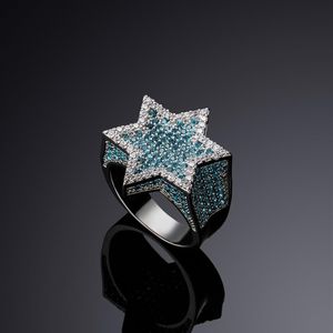Nieuwe Hexagon Ster Zilver Kleur Blauw Iced Out Cubic Zirkoon Met Zijstenen Ringen Micro Verharde Diamant Hip Hop Sieraden voor Gifts2517