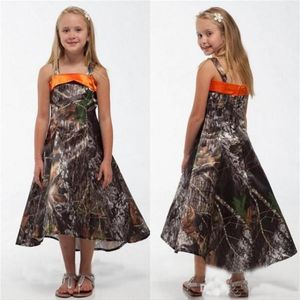 Nieuwe Hi-Lo Camo Bruiloft Bloem Meisjes Jurken Spaghettibandjes Een Lijn Thee-Lengte Junior Bruidsmeisjes Jurken Meisjes Pageant Dresses249P