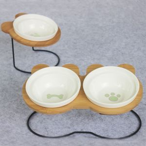 Highded Pet Bowl Bamboo Plank Ceramic Feeding and Drinking Bowls for Dogs Cats Feeder Accessoires Y200917