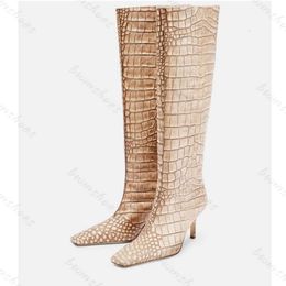 Nouveau talon haut tête carrée motif crocodile grande botte droite circonférentielle taille extérieure grande botte de chevalier botte à manches longues pour femmes