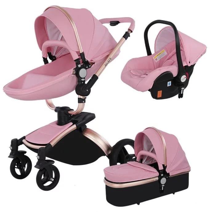 Strollers# hoogwaardige babystoller 3 in 1 kinderwagen landschap vouw pu lederen kinderwagen koets auto geboren duwtje