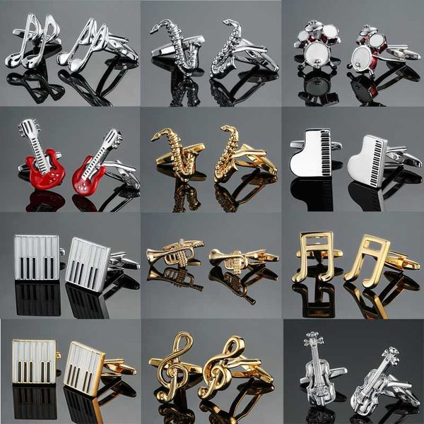 Nouveaux instruments de musique en laiton de haute qualité, Sax, trompette, tambour, piano, violon, symbole musical, chemise française, boutons de manchette, livraison gratuite