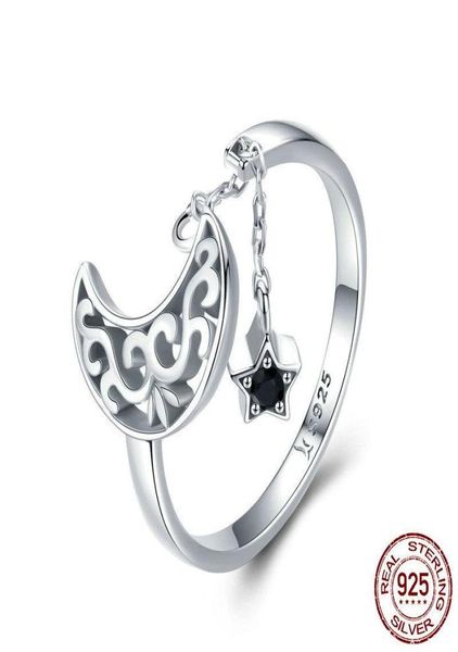 Nouvelle haute qualité luxueuse CZ pierres précieuses lune et étoile bague réglable en argent sterling 925 romantique bague en diamant noir bijoux 8083156