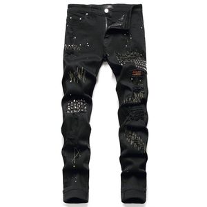 Jeans pour hommes Distressed Motorcycle biker jean graffiti Rock Skinny Slim Ripped trou lettre impression Denim pantalon jeans