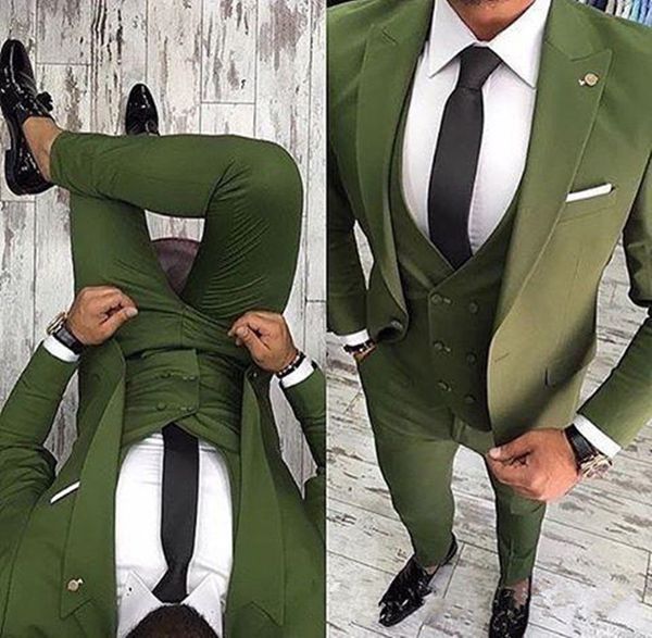 Nouveau haute qualité un bouton vert olive smokings marié pic revers garçons d'honneur meilleur homme costumes costumes de mariage pour hommes (veste + pantalon + gilet + cravate) 668