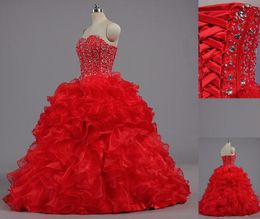 Nieuwe Hoge Kwaliteit Rode Baljurk Quinceanera Jurken 2016 Sweetheart Pailletten Kralen Vloerlengte Prom Party Sweet 16 Dress WD213