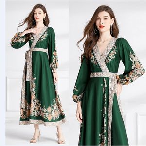 Paisley Floral Green Party Lin Wrap Robe Femme Designer Lanterne Manches Col V Slim Vintage Bow Ceinturé Maxi Robes Robe 2023 Printemps Automne Piste Vacances Robes