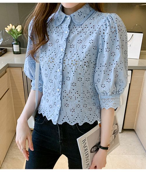 Blouses Femme Chemises Été Été Blusas Basic Office Lady Blusas Vintage Dentelle Tops Élégant Chemisier En Mousseline De Soie Femmes Lâche Évider Chemises Occasionnelles 2024