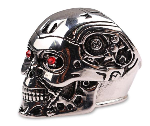 Nouveau haute qualité Steampunk Biker Terminator masque crâne cool Halloween accessoires hommes anneaux rétro rouge cristal bijoux 2263116