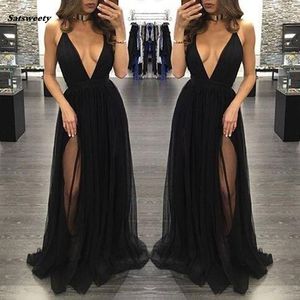 NIEUWE High Side Split Tule prom jurken Black Sexy Deep V Neck Long Women Skirts Formele feestavondjurken Vestidos de Baile