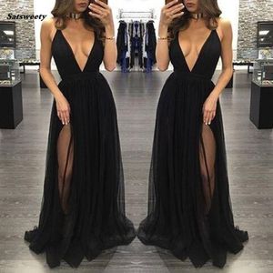 NIEUWE High Side Split Tule prom jurken Zwart Sexy Deep V Neck Long Women Skirts Formele feestavondjurken Vestidos de Baile 238S