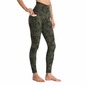 Nouveau taille haute élastique Camo poches latérales Sports Loisirs Fitn Leggings Pantalons de yoga Capris G8qT #