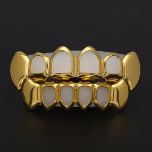 Nieuwe Hip Hop Custom Fit Grill Vier Hollow Open Gezicht Goud Mond Grillz Caps Top Bottom met Silicone Vampier Tanden Set