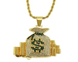 Nouveau Hip Hop Fashion Mens Gold en acier inoxydable Crystal Sign Sign Moneybag Pendant Ed Chain Collier Bijoux Gift9520819