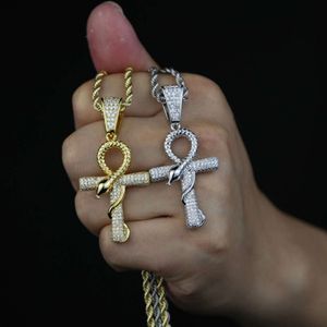 Nouveau Hip Hop plaqué or Bling Cz croix pendentif collier bijoux femmes hommes glacé diamant Ankh croix pendentif avec serpent