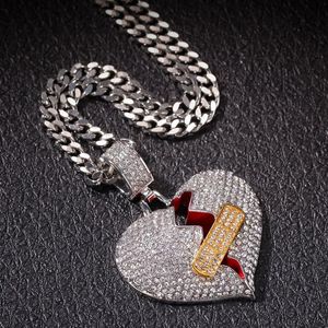 Nouveau Hip Hop glacé plein diamant pansement pendentif déchirant coeur brisé collier en alliage OK Stretch amour PendanH2127
