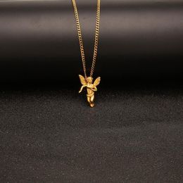 NOUVEAU Hip Hop Bijoux Ange Pendentif Collier En Acier Inoxydable Plaqué Or Avec 60 cm Chaîne Pour Hommes Joli Amant Cadeau Rappeur Accessoires Je269A